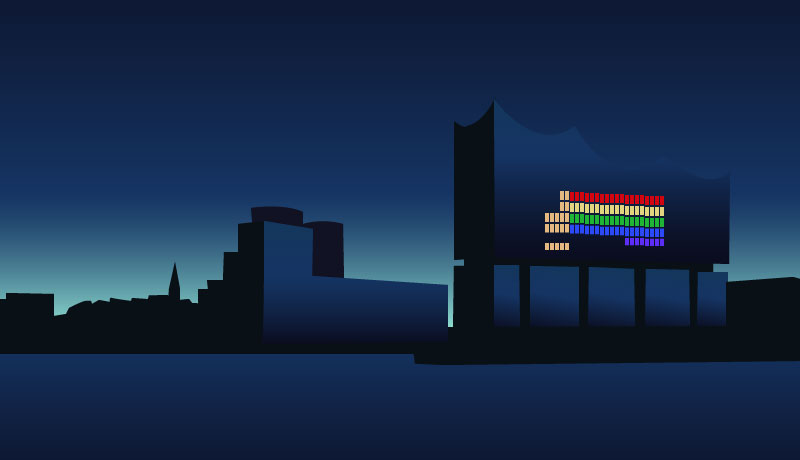 Illustration Schattengebäude Hamburger Hafen, in der Elphi brennt Licht in Regenbogenfarben